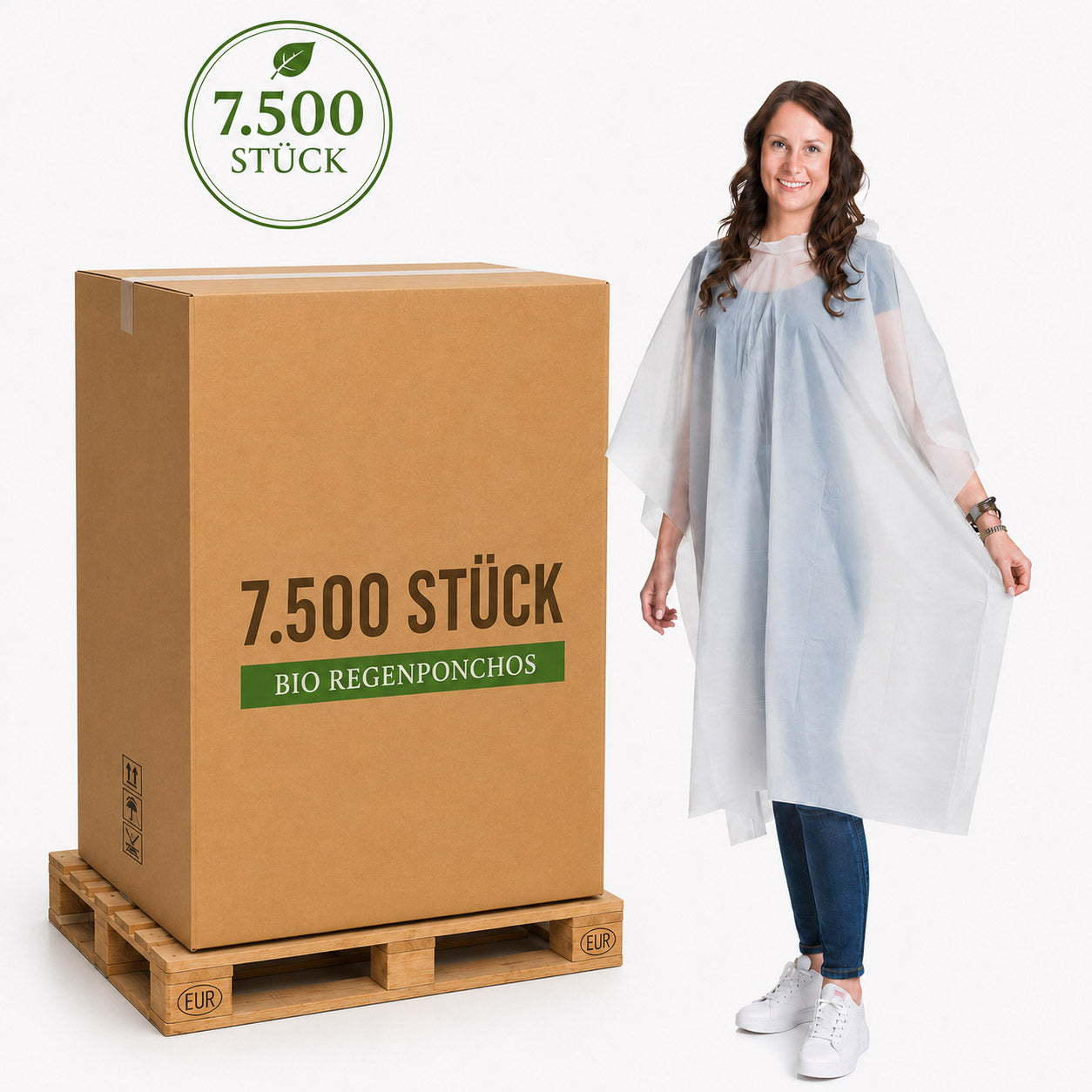7500 Stück | BIO Regenponcho - Umverpackung auf Deutsch