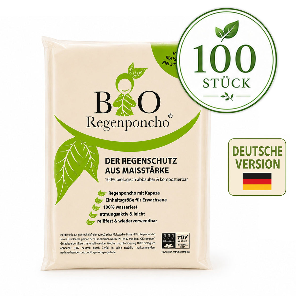 100 Stück | BIO Regenponcho - Umverpackung auf Deutsch