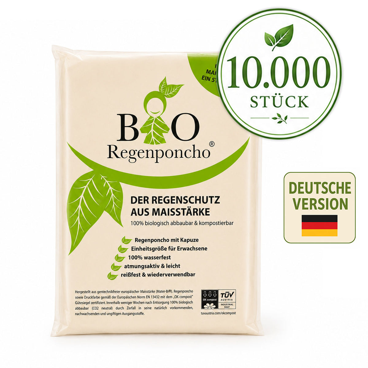 10.000 Stück | BIO Regenponcho - Umverpackung auf Deutsch
