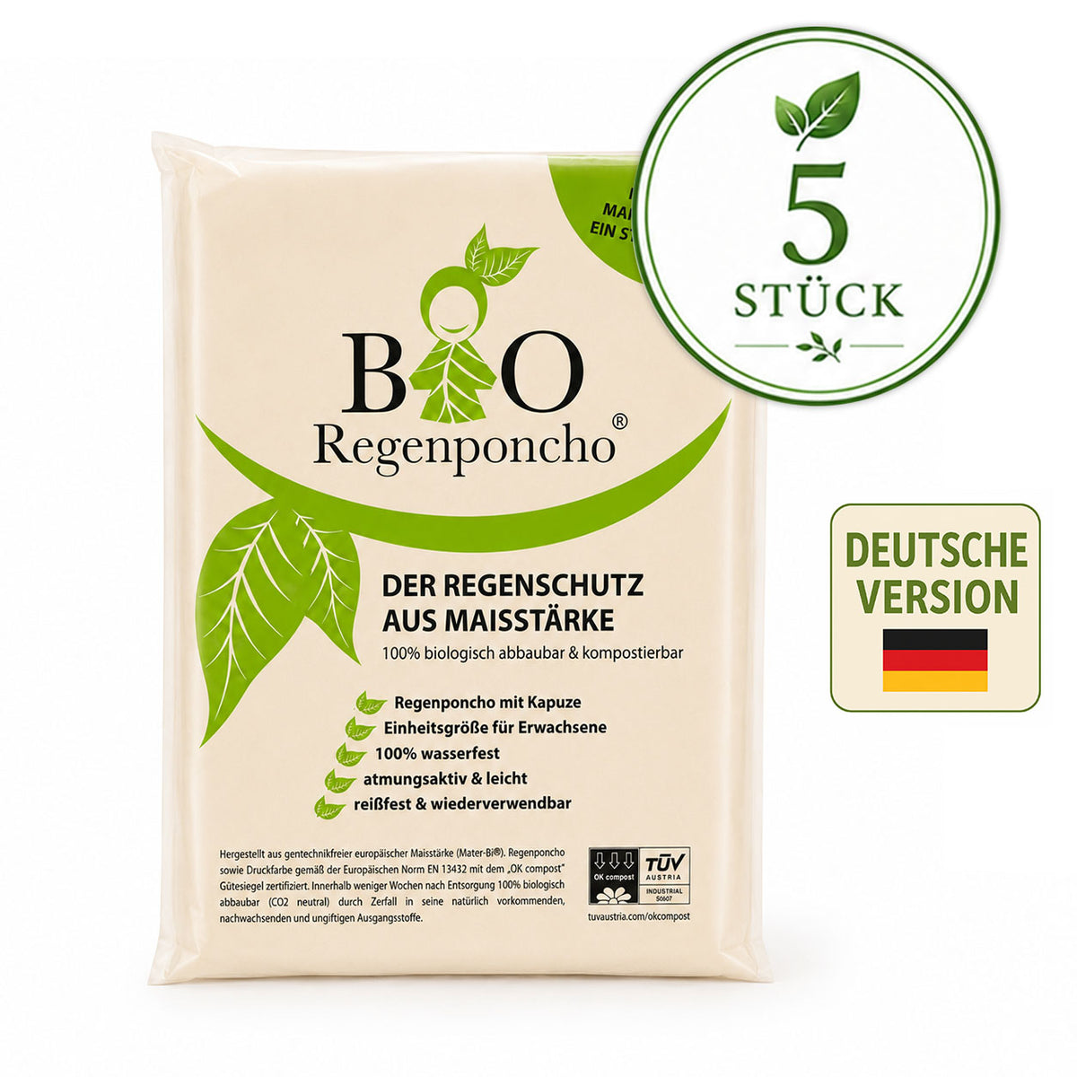 5 Stück | BIO Regenponcho - Umverpackung auf Deutsch