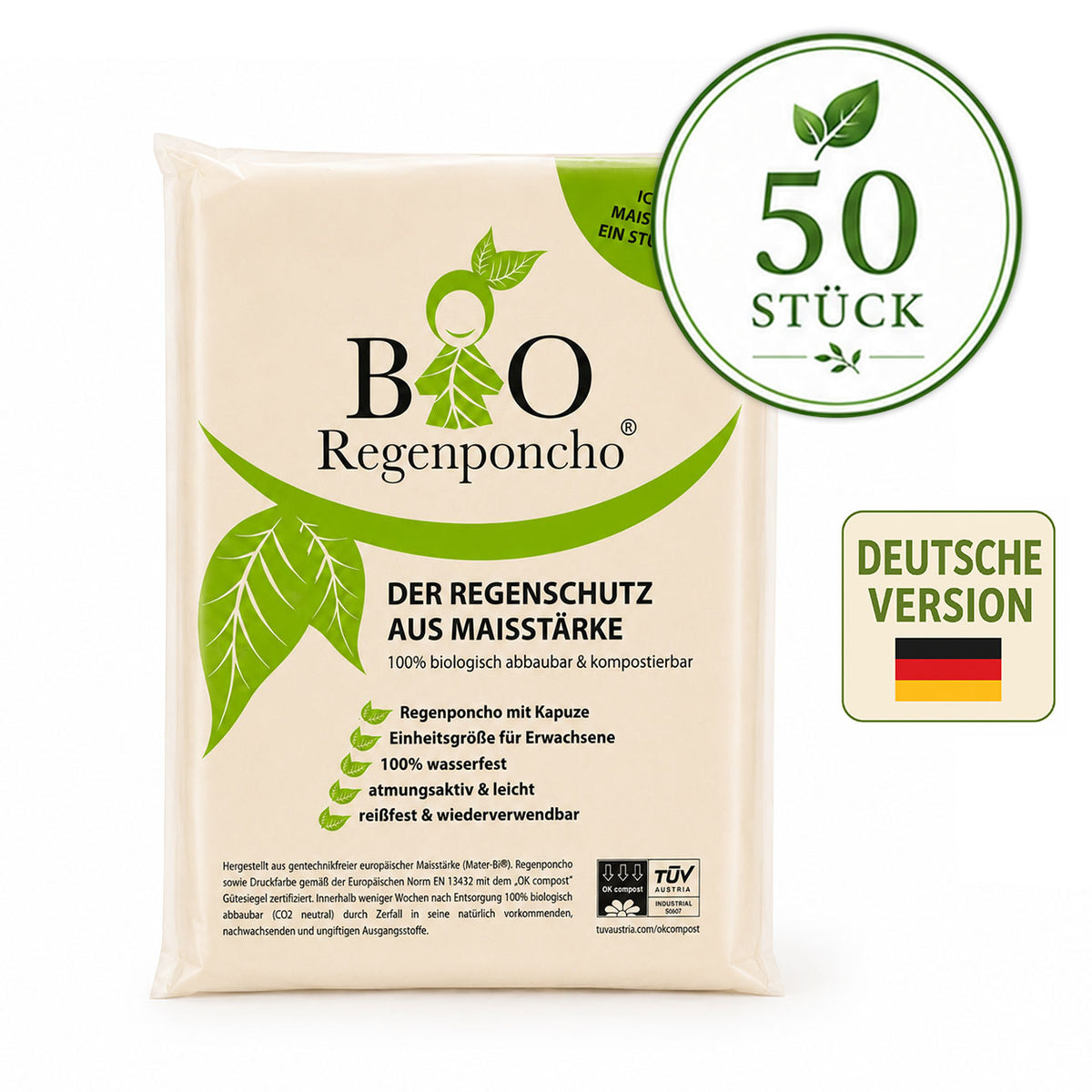 50 Stück | BIO Regenponcho - Umverpackung auf Deutsch