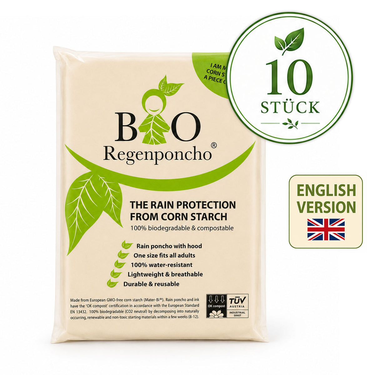 10 Stück | BIO Regenponcho - Umverpackung auf Englisch