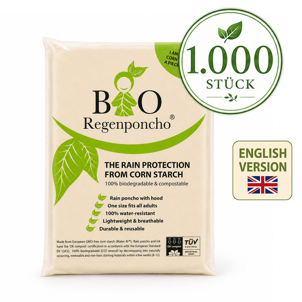 1000 Stück | BIO Regenponcho - Umverpackung auf Englisch