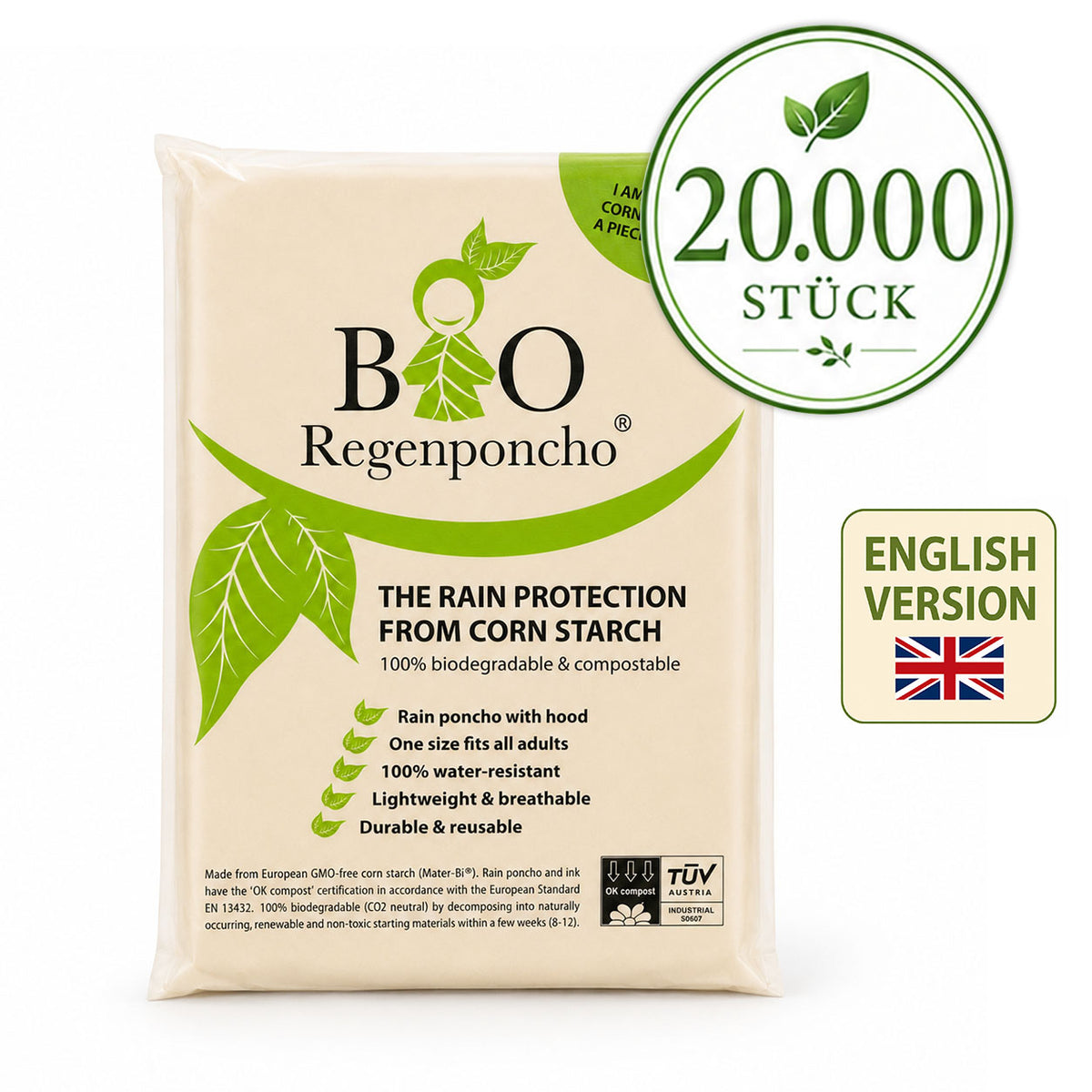20.000 Stück | BIO Regenponcho - Umverpackung auf Englisch