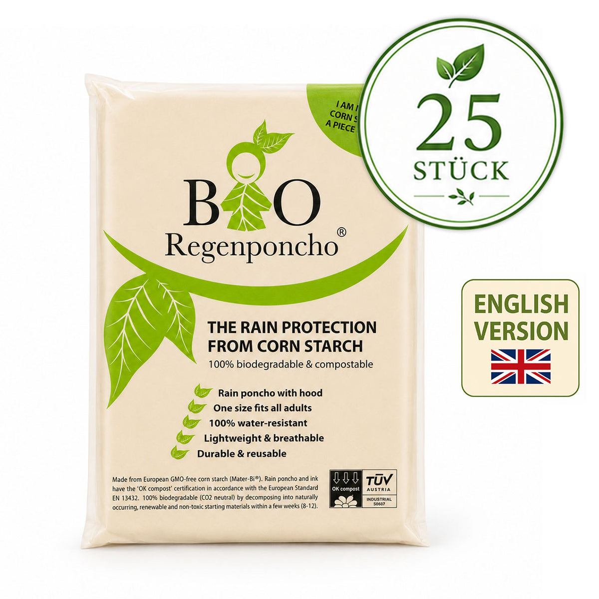 25 Stück | BIO Regenponcho - Umverpackung auf Englisch