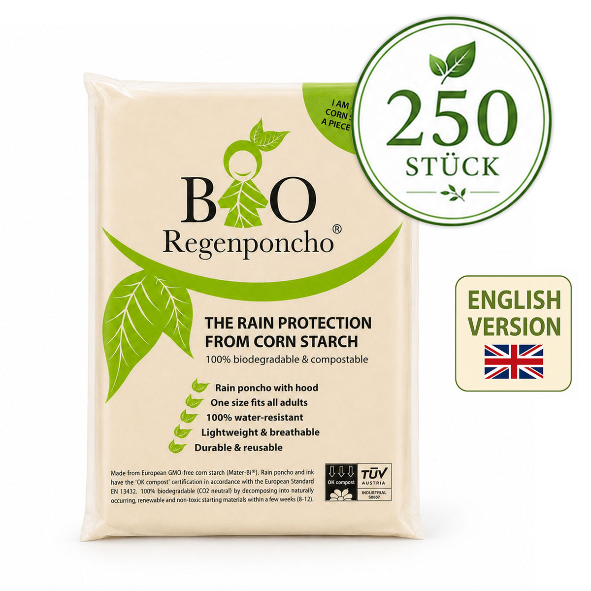 250 Stück | BIO Regenponcho - Umverpackung auf Englisch