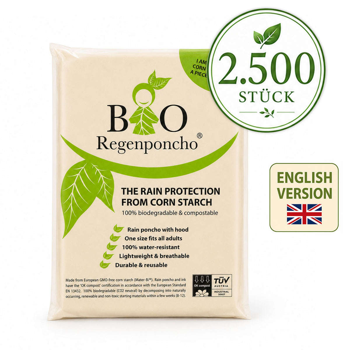 2500 Stück | BIO Regenponcho - Umverpackung auf Englisch