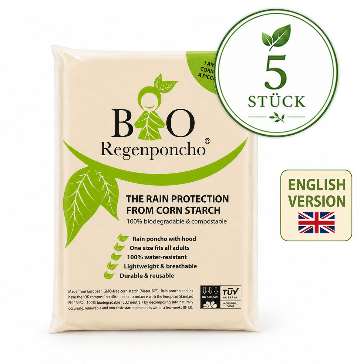 5 Stück | BIO Regenponcho - Umverpackung auf Englisch