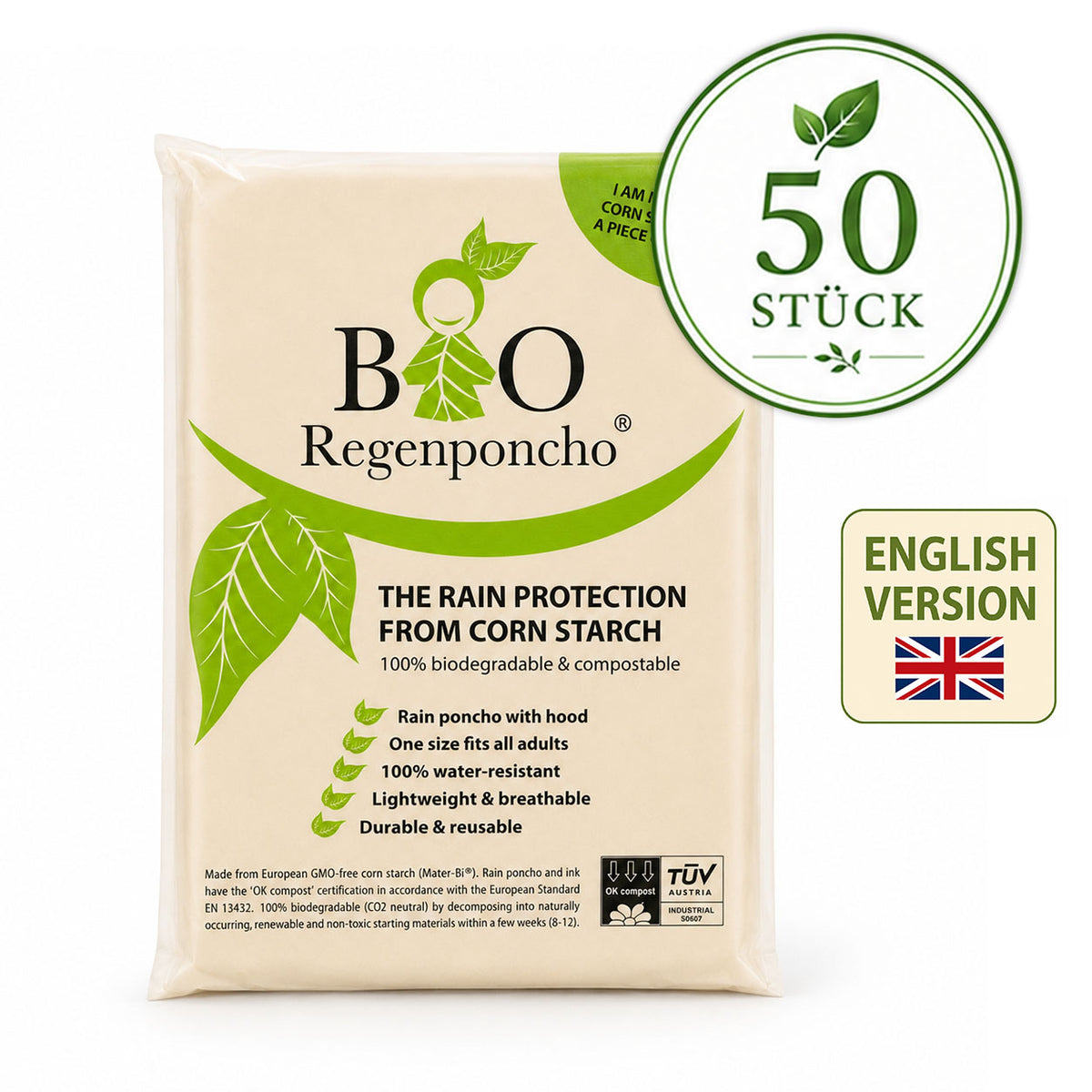 50 Stück | BIO Regenponcho - Umverpackung auf Englisch