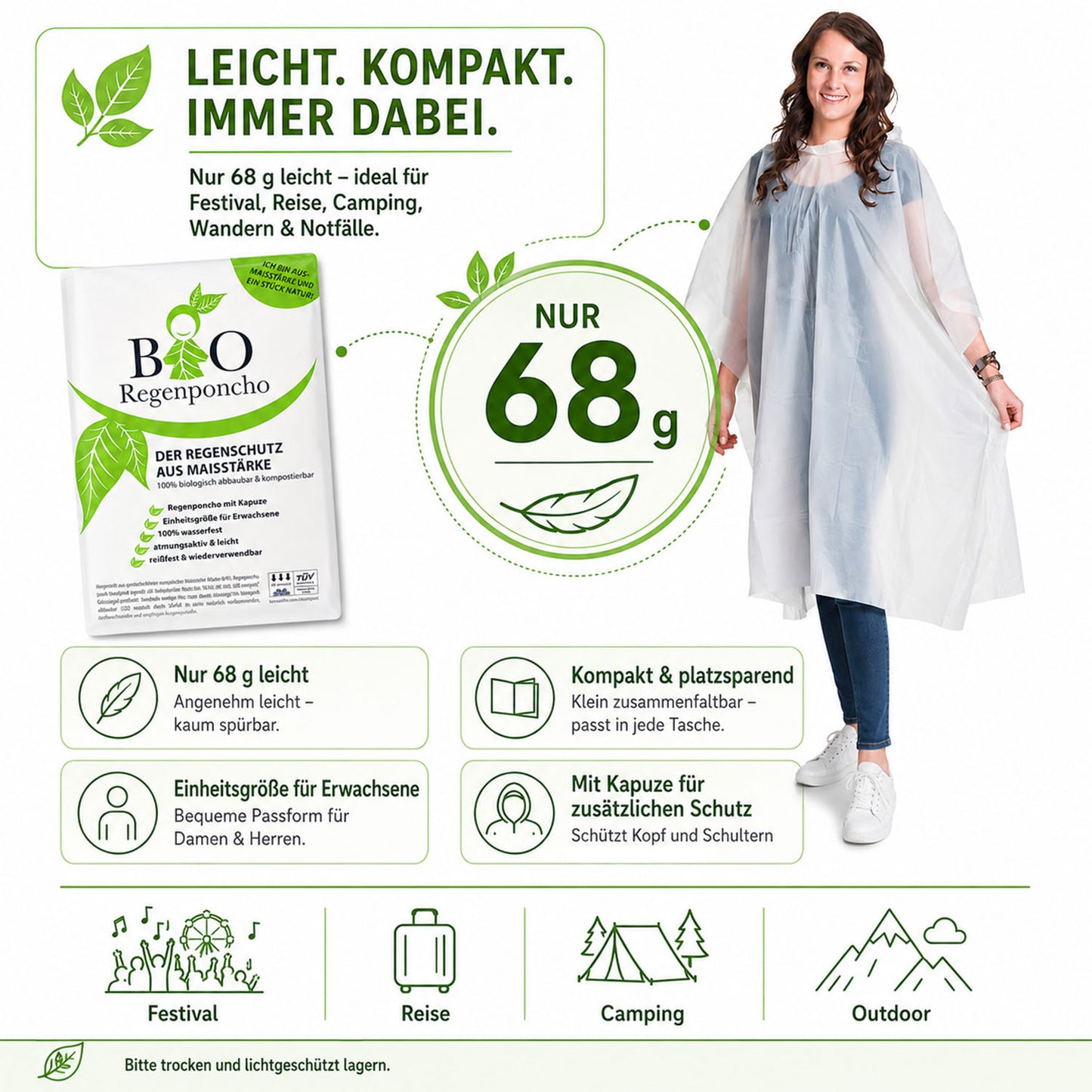 BIO Regenponcho Einweg | 500 Stück | 100% Biologisch abbaubar