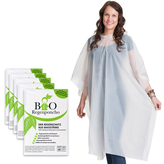 BIO Regenponcho Einweg | 5 Stück | 100% Biologisch abbaubar