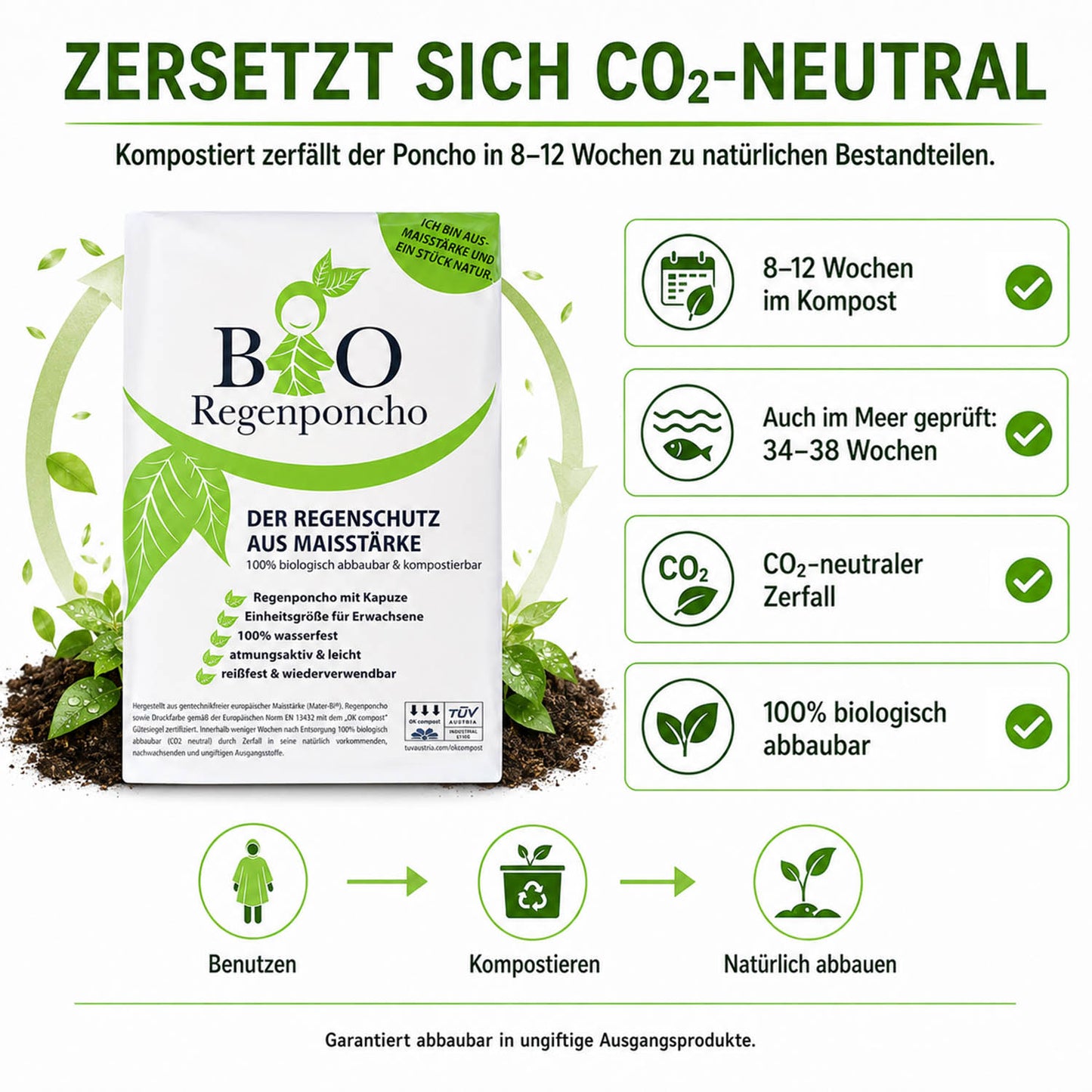 BIO Regenponcho Einweg | 500 Stück | 100% Biologisch abbaubar