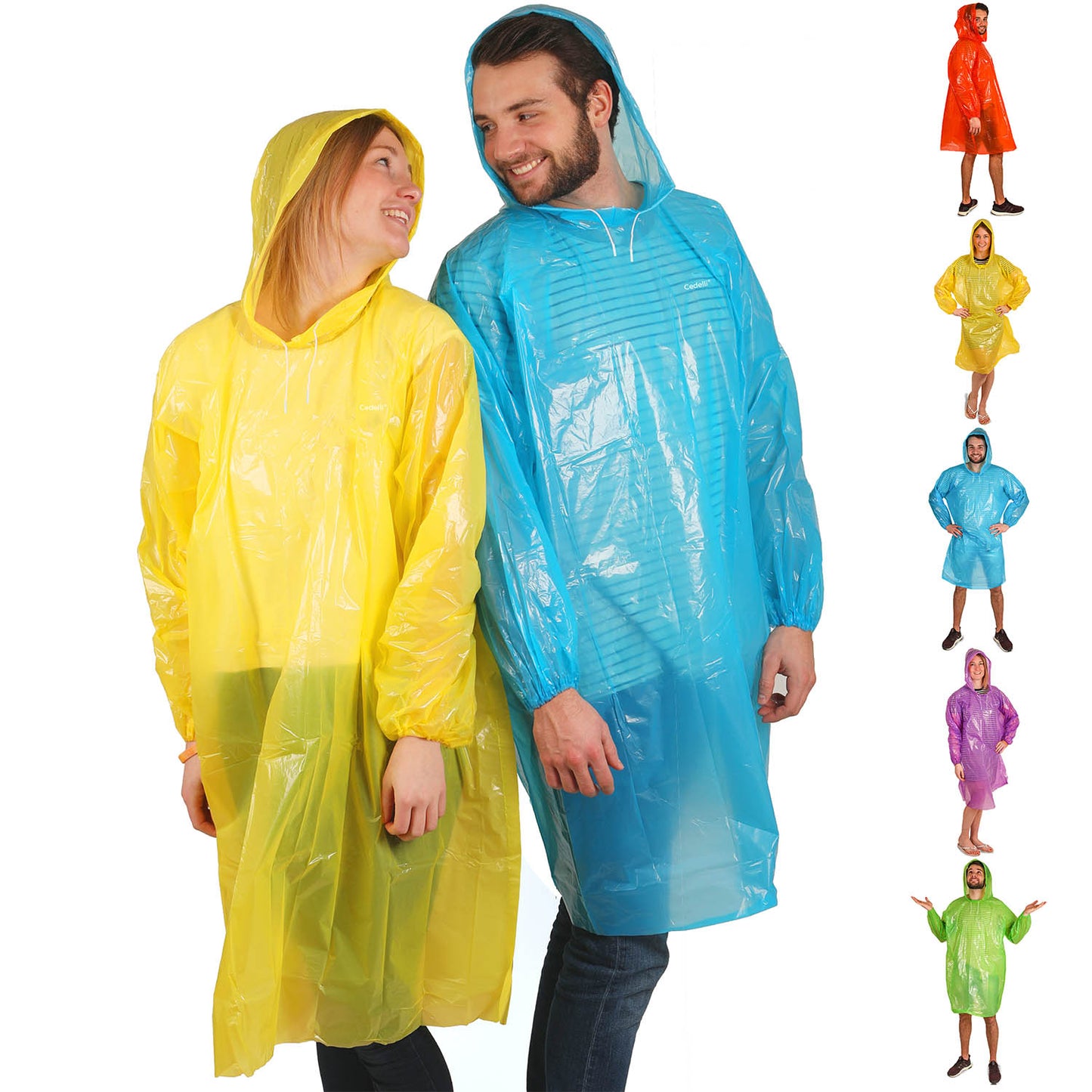 Das knallige farbenfrohe Festival Einweg Regenponcho Set für Damen und Herren