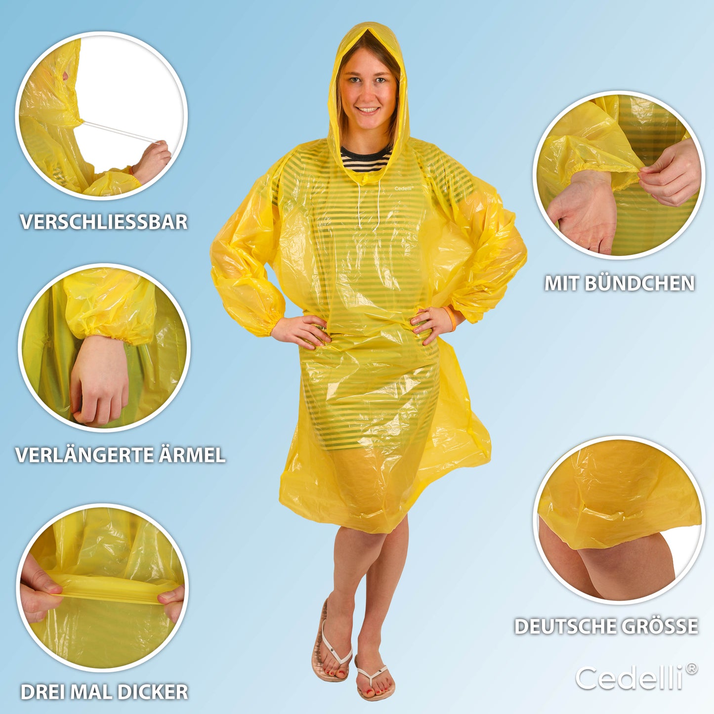 Detailansicht eines gelben Cedelli Regenponchos – verstellbar, mit Bündchen, verlängerten Ärmeln und deutscher Größe