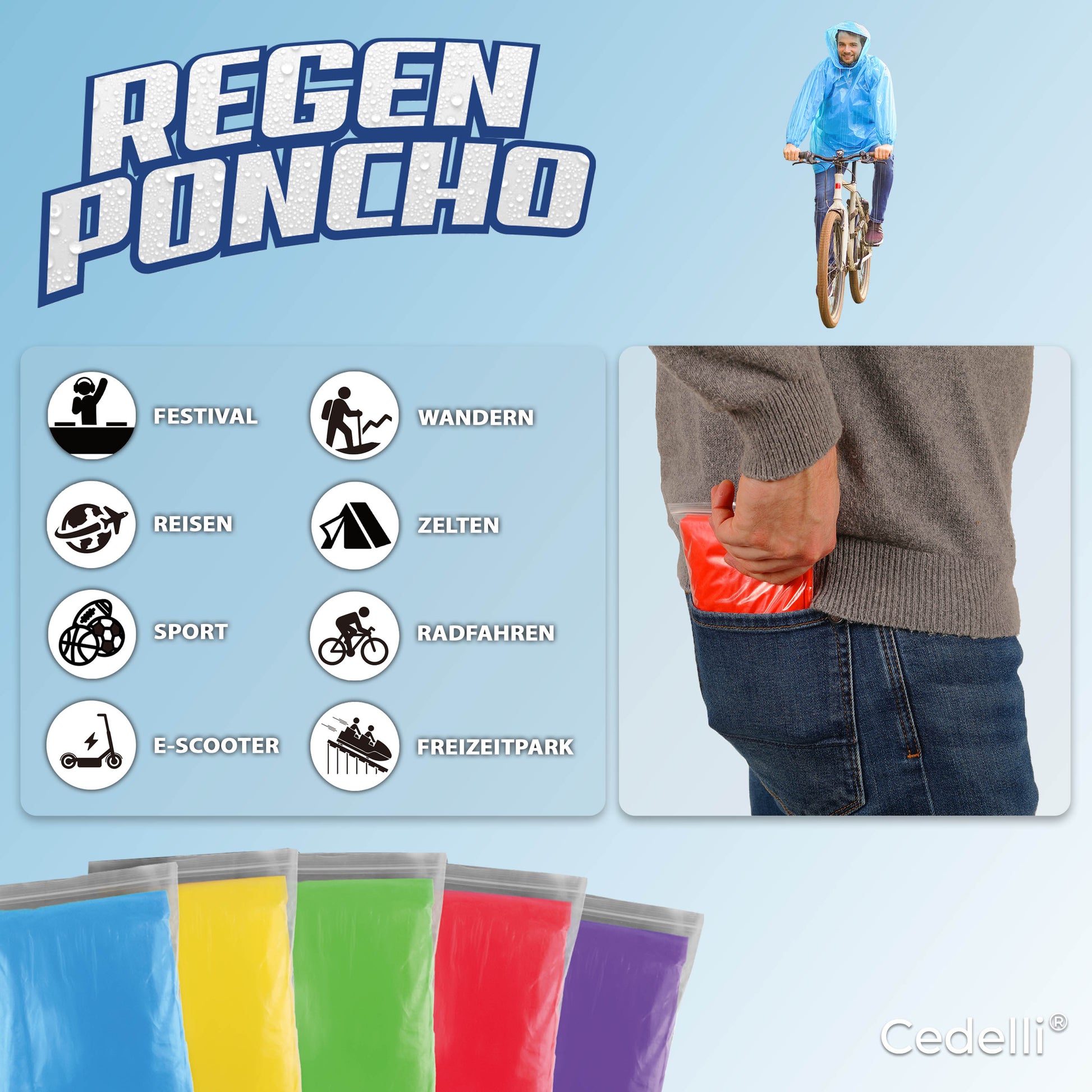 Cedelli Regenponcho für Festival, Wandern, Fahrradfahren und mehr – bunte, wasserdichte Ponchos für jede Aktivität