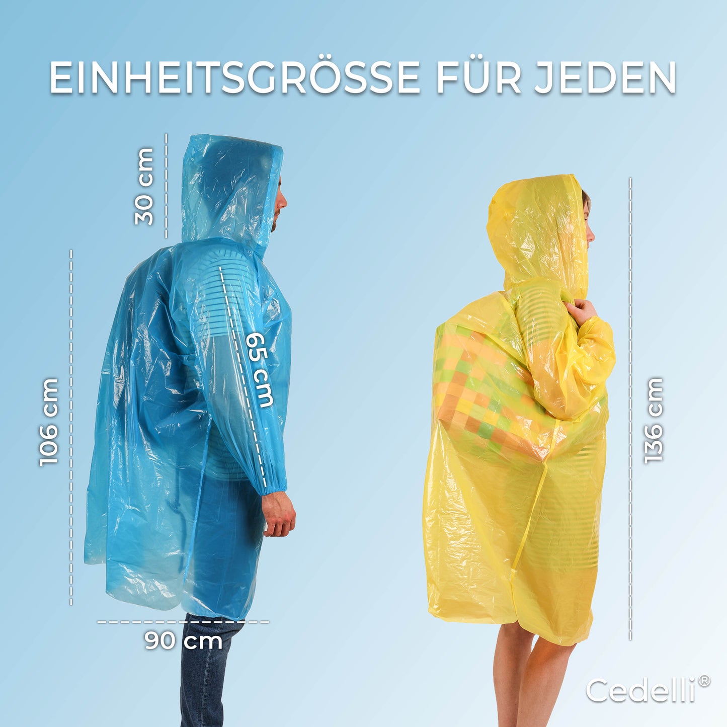 Größenangaben für Cedelli Regenponchos in Gelb und Blau – einheitsgröße für alle, wasserdicht und leicht